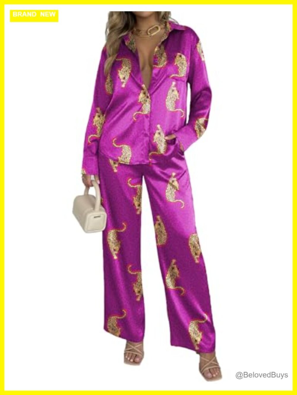 Satin Silky 2 Piece Lounge Set V-Neck Top & Pants Animal Print